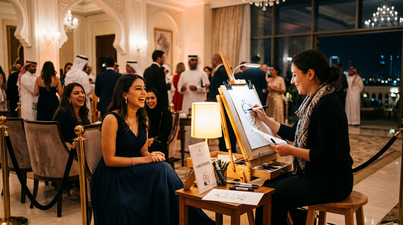 Live caricaturist drawing a guest at a Dubai hotel reception, illustrating Luxoria Entertainment event planning services