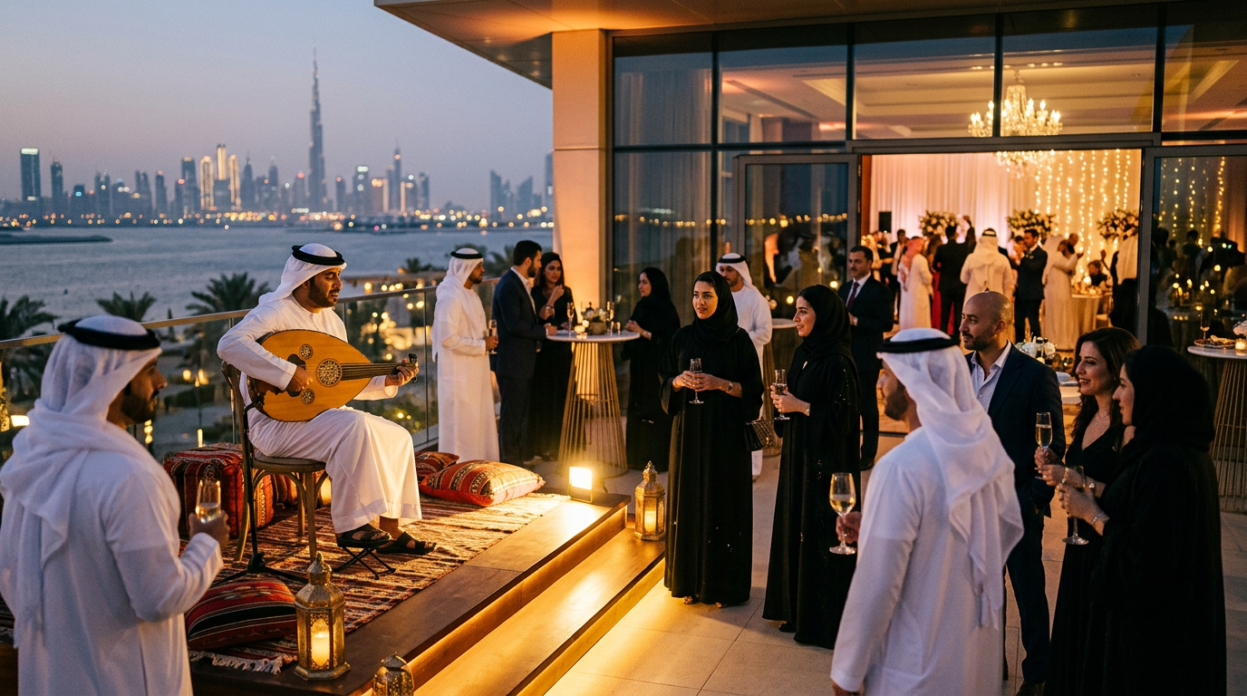 Dubai Event Entertainment: What to Book for Winter 2026 Oud player welcoming guests at a Dubai hotel terrace reception, illustrating Luxoria Entertainment event planning