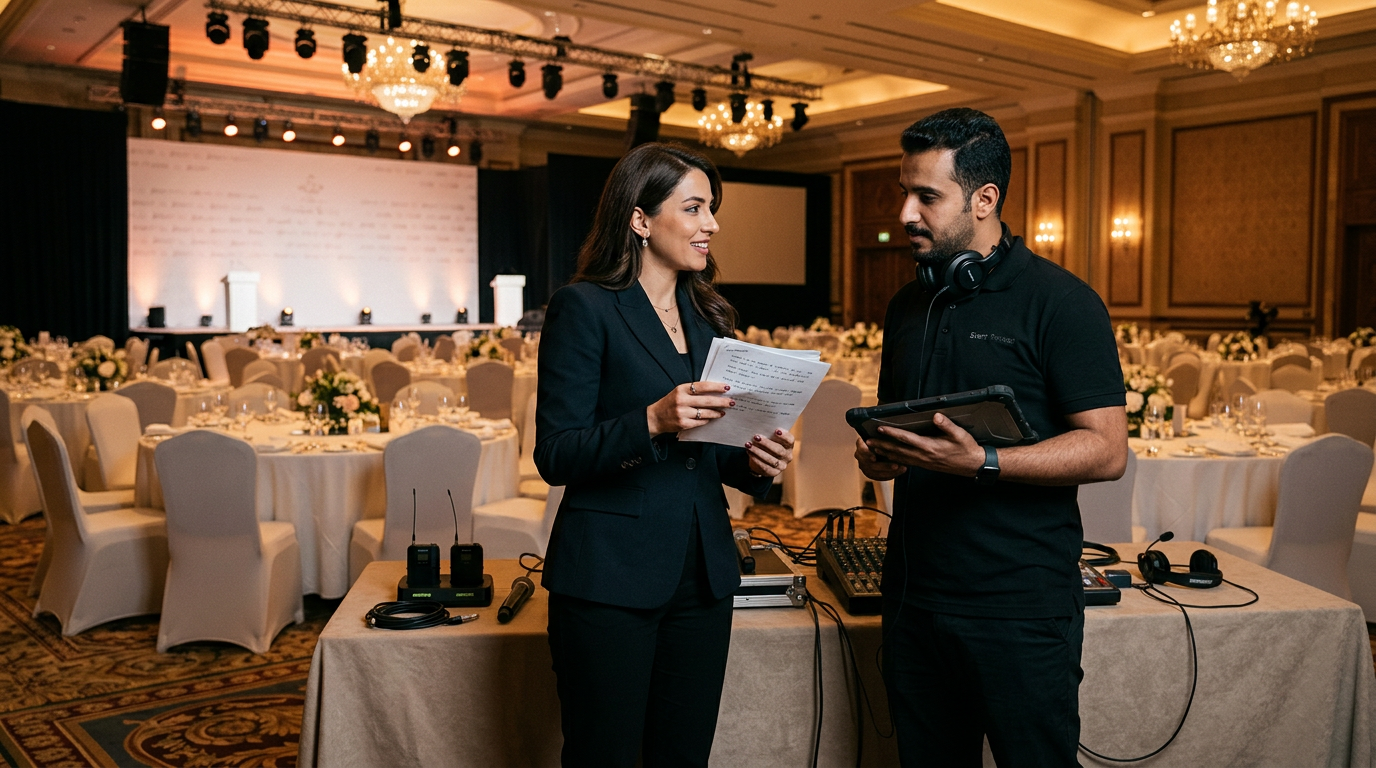 Bilingual event MC briefing a sound operator in a Riyadh ballroom for a Luxoria Entertainment hosting brief