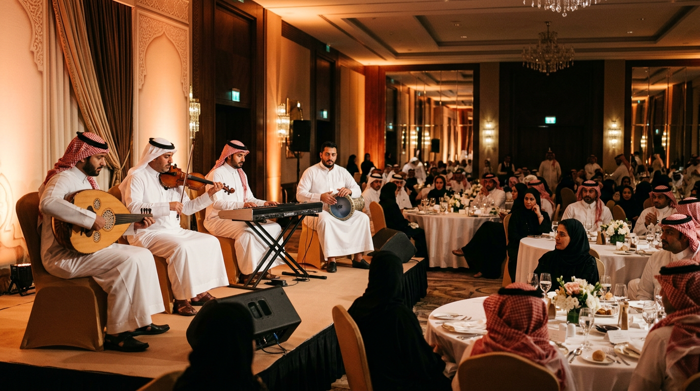 Arabic musicians with oud, violin and percussion at a Riyadh gala dinner, illustrating Luxoria Entertainment event planning